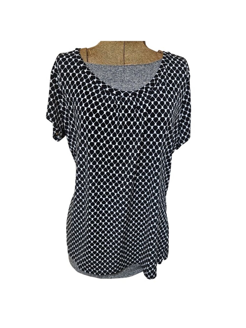 Worthington Black White Geometric Print Top XL Polyester Short Sleeve Blouse